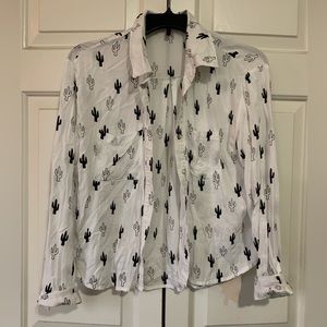 REBELLIOUS ONE. White button up shirt with black cactus print